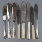 Vintage Fish Knives. Mixed lot of eight. Silver plate, steal, faux bone. 8"-8.5"