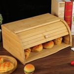 Wooden Bamboo Roll Top Bread Bin Loaf Box Container Kitchen Food Storage