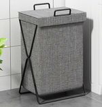 Grey Fabric Laundry Hamper with Lid, Metal Frame, 55L, 58x35x25cm