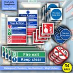Fire Safety Compliance Sticker Signs - 34 Multi-Pack - Fire Exit, Fire Door,