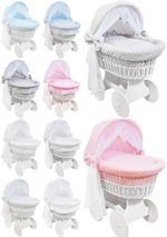 White Wicker Wheels Hood Crib/baby Moses Basket + Complete Bedding