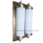 Art Deco Skyscraper Wall Sconces Antique Brass & Milk Glass Light 2 Piece
