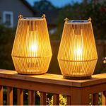 Set of 2 Solar Hanging Rattan Lantern LED Garden Patio Lamp Light Natural IP44