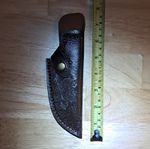 Brown Tooled Leather Knife Sheath, Snap Retaining Strap, Belt Loop, 7 in