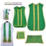 New Green Spanish Fiddleback Vestment & mass set of 5 piece, chasuble fiddleback