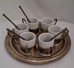 Vintage Demitasse Silver Plate Cup Holders W/White Porcelain Cups, Spoons & Tray