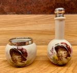 Rare Antique Porcelain & Silver Scent Bottle & Dish Set -Lady in Feather Hat-GC