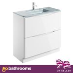 900mm White Gloss Vanity Unit & Glass Basin Floor Standing 2 Drawer Bathroom