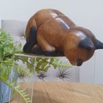 Hand Carved Wooden Curious Shelf Cat