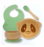 Mama Bamboo Bamboo Weaning Set BPA Free Non-Slip Bowl Plate Spoon Bib Green