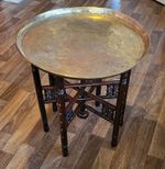 Large antique 23" x 22" Benares brass/wood Moroccan Middle Eastern folding table