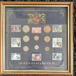 Queen Elizabeth II Framed British Coin & Stamp Display Half Crown to Farthing
