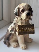 Vintage St Bernard Dog with welcome sign ceramic Figurine ornament Standing 5"