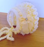 Stunning Romany Spanish Crochet Baby Girl Bonnet Size 0/3 Months Lemon /white 