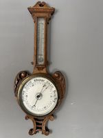 Antique Victorian Hand Carved Oak Aneroid Barometer & Thermometer Wall Hanging