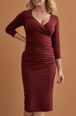 BRAVISSIMO Leila Dres Red 3/4 Sleeve  Ruched Evening Party Midi Dress RRP70 BR42