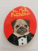 Humourous Pug Portrait In A Godfather Theme. Painted On A Small Oval Stone Disc