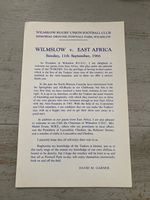 1966 WILMSLOW V EAST AFRICA TUSKERS TOUR RUGBY SINGLE TEAMSHEET PROGRAMME VGC