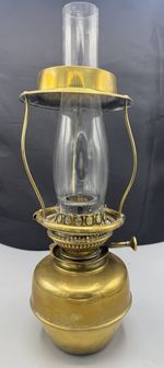 Antique Lampe Belge 1884 Oil Lamp With Brass Shade Holder And Chimney