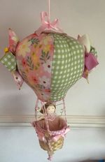 Handmade Hot Air Balloon Nursery Mobile, Hanging Pink Green White Cloud