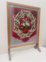 Glazed wooden fire screen with antique embroidered and beaded BEADWORK panel