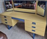 Vintage/Retro Yellow & Blue Dressing Table, Tri-Fold Mirror, 7 Drawers 150cm