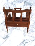 Vintage Mahogany Canterbury Magazine Rack with Drawer & Brass Castors
