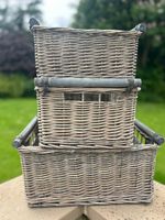 Grey-wash Rectangular Wicker Basket with Wooden Handles Home Toy Storage Hamper