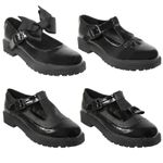 GIRLS SCHOOL SHOES KIDS WOMENS FLAT LOW LOAFERS BOW WORK T BAR GRIP DOLLY PUMPS