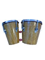 PAIR OF VINTAGE SOLID WOOD 5" AND  6.5" SHELL HAND DRUMS WITH CALF HEADS