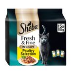 45 x 50g Sheba Fresh & Fine Adult Cat Food Pouches Mixed Poultry Gravy BB-Mar26