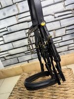 Schockemohle Crystal Brow Rolled Double Bridle - Black/Brass - Cob