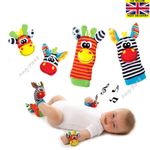 4 piece Baby Infant Socks & Wrist Strap Bands Set Rattle Plush Sensory Socks