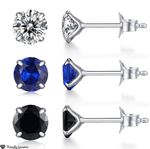 100% SOLID 925 Sterling Silver Round-Cut Solitaire Cubic Zirconia Stud Earrings