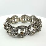 Vintage Silver Tone Wide Pave Rhinestone Panel Bracelet Boho Statement Art Deco