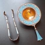 Antique Norwegian Silver & Enamel "TEA STRAINER & SUGAR TONGS BY DAVID ANDERSEN 