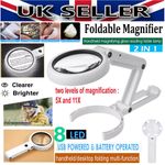 5/11X Magnifying Glass With 8 LED Light LAMP Magnifier Foldable Stand Table UK