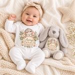 Personalised Grey Bunny Baby Gift Set, Neutral Newborn Sleepsuit, Bodysuit, Bib