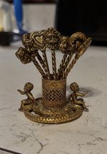 Vtg Baroque Brass Cherub Cocktail Pick Set 7 Putti Appetizer Picks Holder