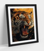 COOL TIGER ROARING CLOSE-UP YELLOW FRAMED WALL ART PICTURE POSTER PRINT