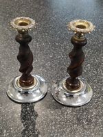 Pair of VINTAGE WOOD & SILVER METAL CANDLESTICKS 7" in height