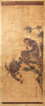 Japanese Painting Scroll Ink on Silk Monkeys Kakemono Era Mori Sosen 1747-1821