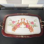 Vintage 1950s Embroidery Peacock Design Theme Wood Serving Tray