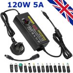 9V-24V 5A 120W Adjustable Voltage Power Supply Adapter Transformer w/ 15 Plugs