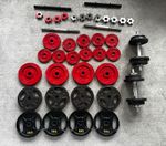 Cast iron weight plates including vintage Weider - 1” hole with bars & collars