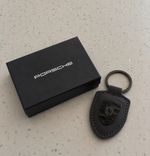 Porsche Dark Grey  Leather Black Crest Keyring Keychain