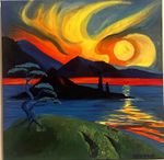 Hensman Signed Contemporary Canvas Painting Landscape Seascape Sunset Mountains