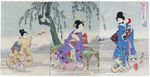 Chikanobu Yoshu Antique Orig Japanese Triptych Woodblock Print - Firefly Hunting