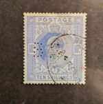 1902 DE LA RUE 10/- ULTRAMARINE / PERFIN/ SG263 CV £500 ($675)