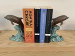  Vintage Solid Brass Leaping Dolphin Bookends, Verdigris Wave Patina, Heavy Pair